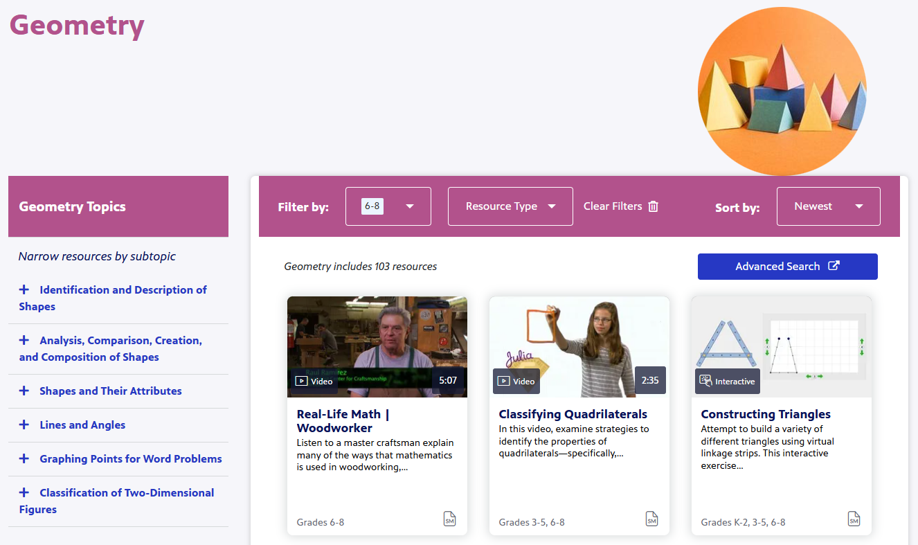 Screenshot of PBS Learning videos filtered by the "Geometry" topic and grades 6-8