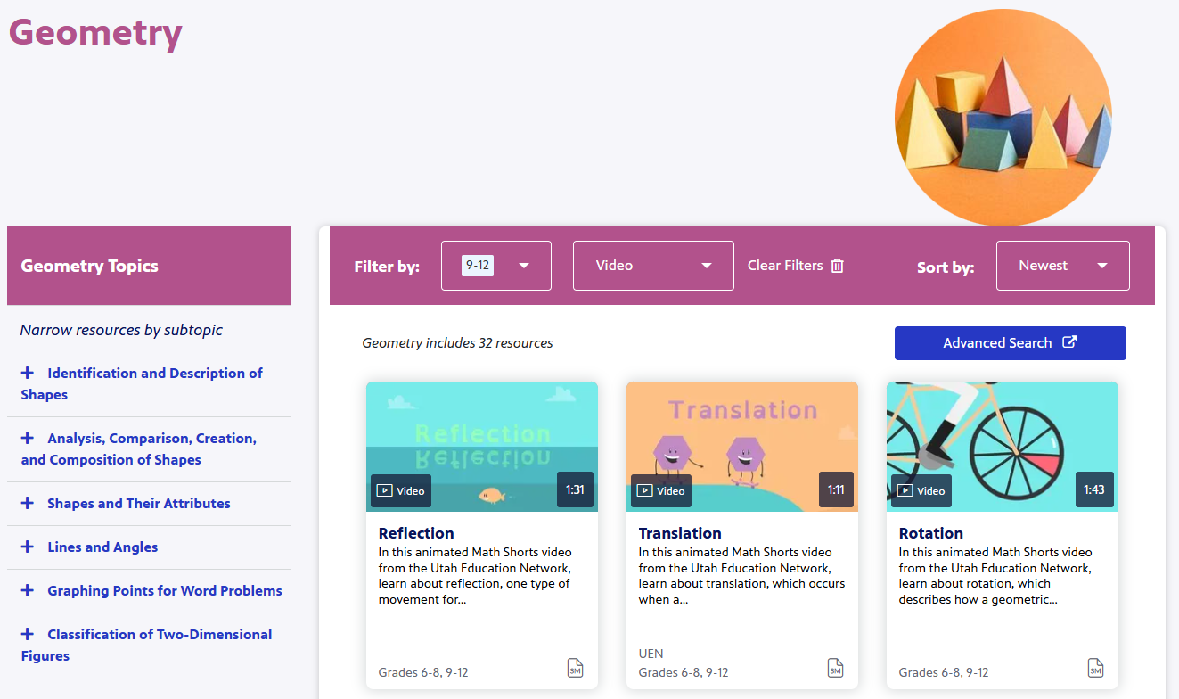 Screenshot of PBS Learning videos filtered by the "Geometry" topic and grades 9-12