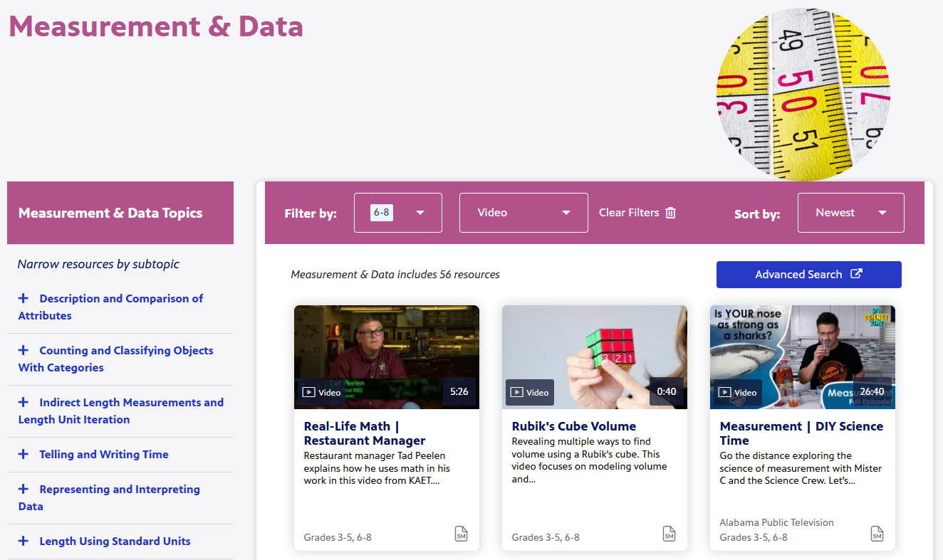 Screenshot of PBS Learning videos filtered by the "Measurement and Data" topic and grades 6-8