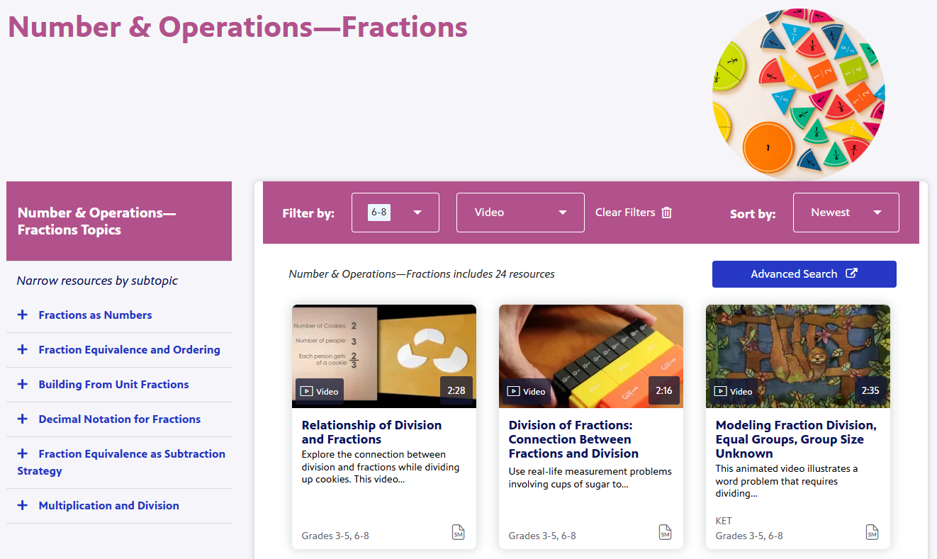 Screenshot of the filtered set of PBS Learning videos on the topic of Numbers & Operations - Fractions for grades 6-8