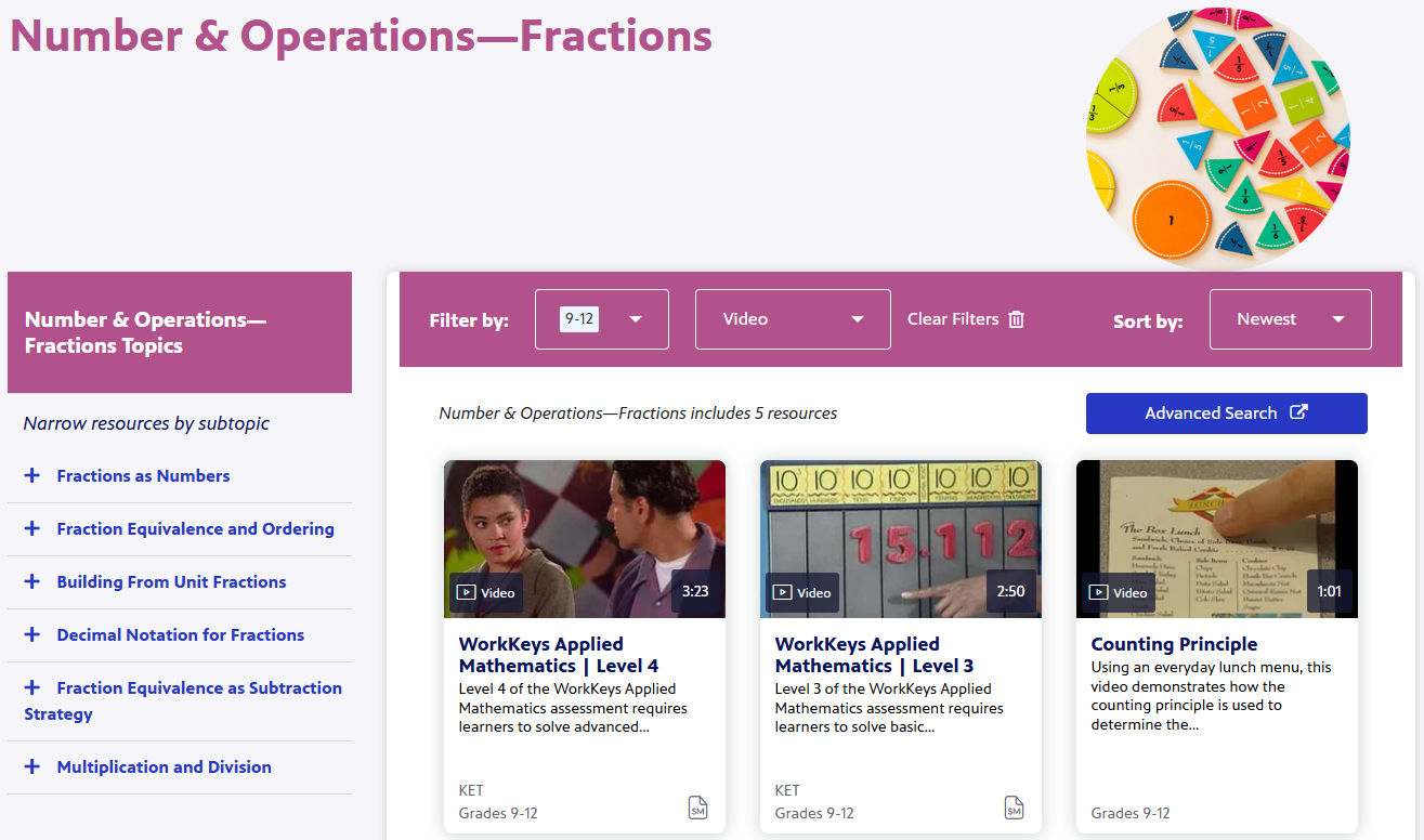 Screenshot of the filtered collection of PBS Learning Videos on Numbers & Operations - Fractions for grades 9-12