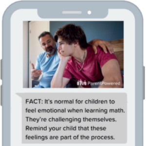A graphic of a cell phone showing example texts from ParentPowered.