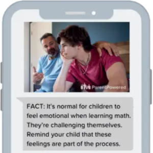 A graphic of a cell phone showing example texts from ParentPowered.